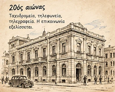 20ός αιώνας: νεοκλασικό κτίριο ταχυδρομείου και παλιό αυτοκίνητο — ταχυδρομεία, τηλεφωνεία, τηλεγραφεία· η επικοινωνία εξελίσσεται