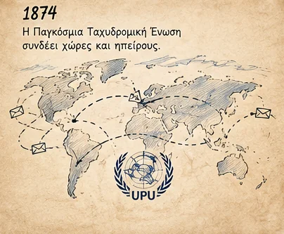 1874: παγκόσμιος χάρτης με διαδρομές γραμμάτων και το έμβλημα της Παγκόσμιας Ταχυδρομικής Ένωσης (UPU) — η Ένωση συνδέει χώρες και ηπείρους