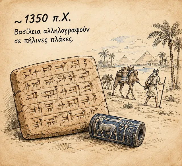 ~1350 π.Χ.: πήλινη πλάκα με σφηνοειδή γραφή και κυλινδρική σφραγίδα, με καραβάνι και πυραμίδες στο βάθος — βασίλεια αλληλογραφούν σε πήλινες πλάκες