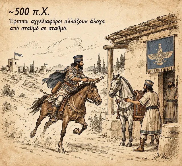 ~500 π.Χ.: Πέρσης έφιππος αγγελιαφόρος φτάνει σε σταθμό όπου τον περιμένει φρέσκο άλογο — έφιπποι αγγελιαφόροι αλλάζουν άλογα από σταθμό σε σταθμό