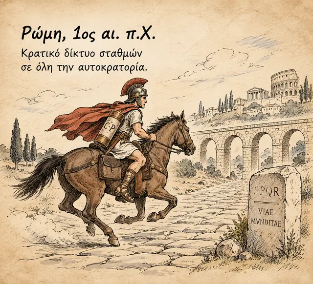 Ρώμη, 1ος αι. π.Χ.: Ρωμαίος έφιππος αγγελιαφόρος σε λιθόστρωτη οδό με μιλιάριο και υδραγωγείο — κρατικό δίκτυο σταθμών σε όλη την αυτοκρατορία