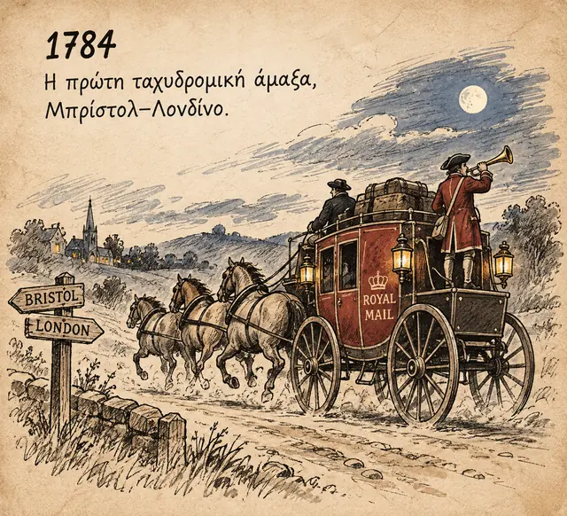 1784: βρετανική ταχυδρομική άμαξα τη νύχτα, με φανάρια και φρουρό που φυσά το κόρνο, στη διαδρομή Μπρίστολ–Λονδίνο — η πρώτη ταχυδρομική άμαξα