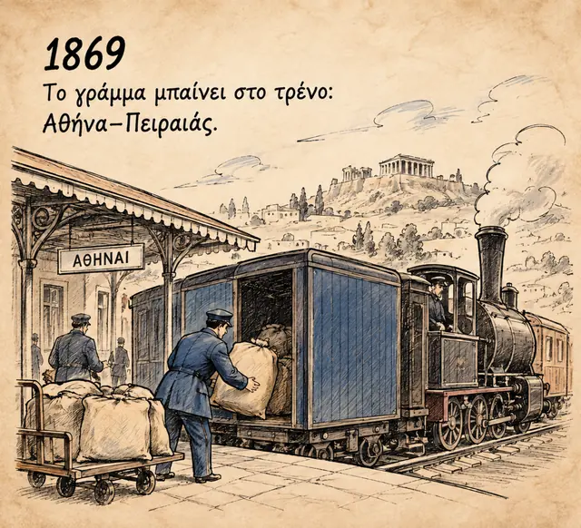1869: ατμομηχανή στον σταθμό Αθηνών και ταχυδρόμοι που φορτώνουν σάκους αλληλογραφίας στο βαγόνι — το γράμμα μπαίνει στο τρένο, Αθήνα–Πειραιάς