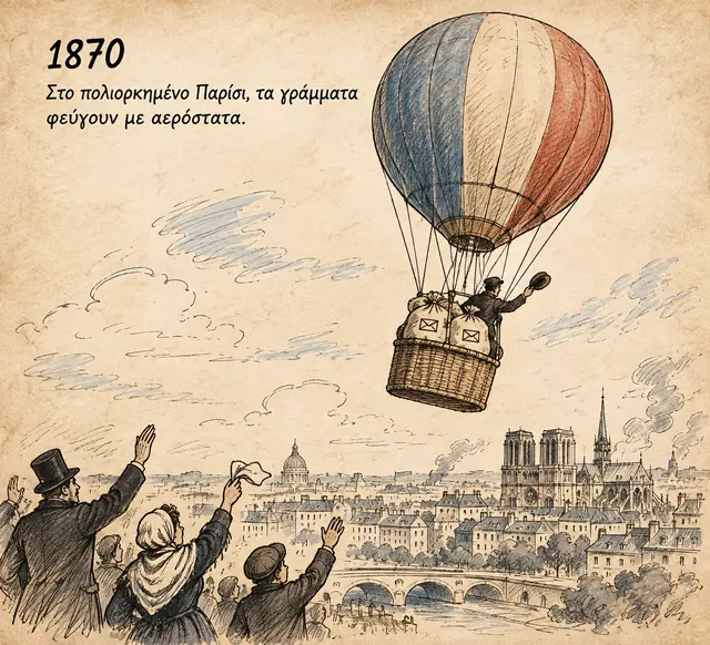1870: αερόστατο με σάκους αλληλογραφίας υψώνεται πάνω από τις στέγες του Παρισιού, ενώ κόσμος χαιρετά από κάτω — στο πολιορκημένο Παρίσι τα γράμματα φεύγουν με αερόστατα