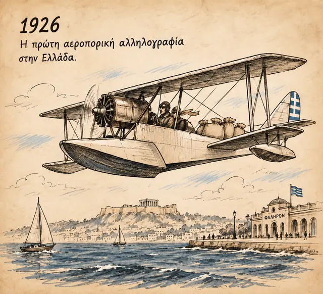 1926: υδροπλάνο-διπλάνο πετά πάνω από τη θάλασσα του Φαλήρου με την Ακρόπολη στο βάθος — η πρώτη αεροπορική αλληλογραφία στην Ελλάδα