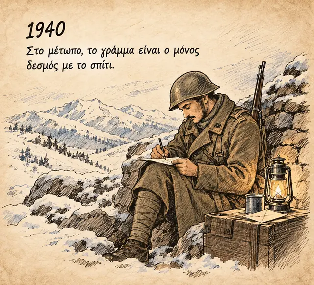 1940: Έλληνας στρατιώτης με κράνος γράφει γράμμα στο γόνατό του σε χιονισμένο βουνό, με ένα φανάρι δίπλα του — στο μέτωπο το γράμμα είναι ο μόνος δεσμός με το σπίτι